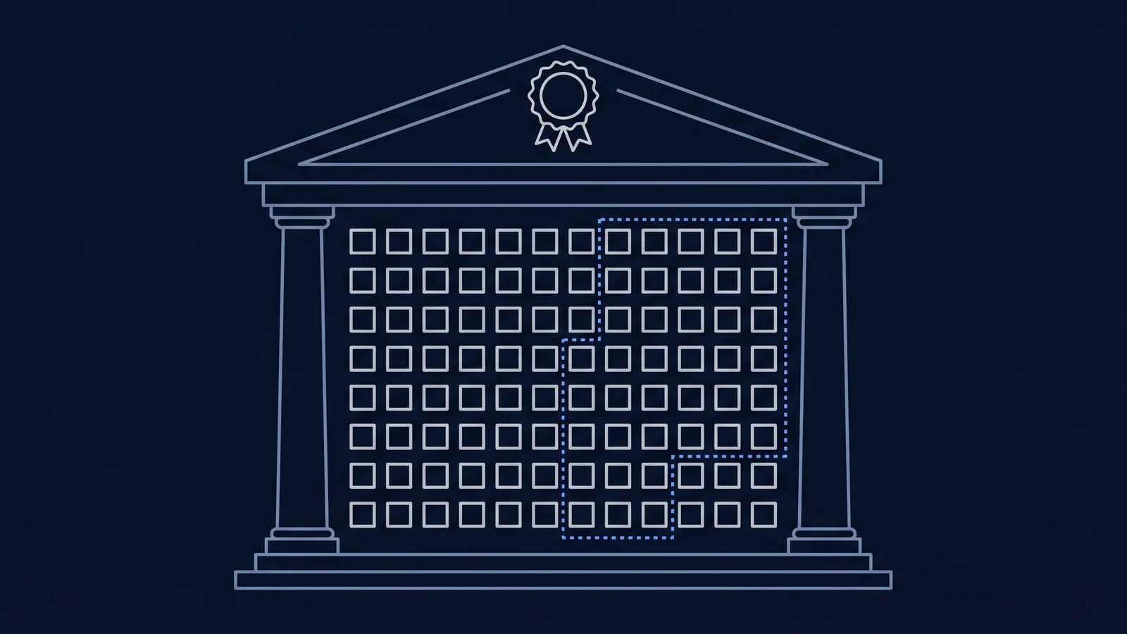 A vault building holding a grid of identical boxes, with a dotted line drawn through the middle of the grid. The boxes on either side of the line look the same and belong to different people.